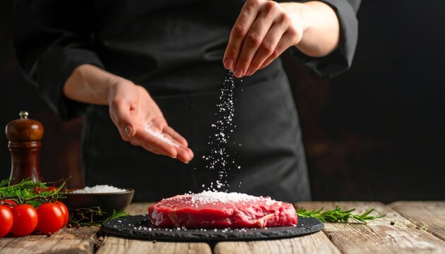 Cocinero rociando sal sobre pescado rosado en proceso de preparaci&oacute;n sobre superficie met&aacute;lica