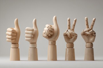 A minimalist collection of wooden mannequin hands in different skin tones, each displaying a distinct hand gesture such as thumbs up and peace signs. A creative representation of nonverbal communicati