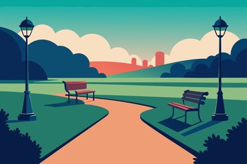 Serene park scene with lamp posts and bench