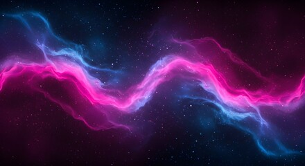 Abstract cosmic background featuring flowing waves of pink and blue nebula against a dark, starry space backdrop.