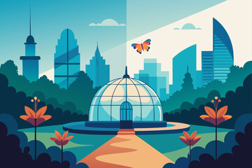 Stylized greenhouse with a sunset and butterfly