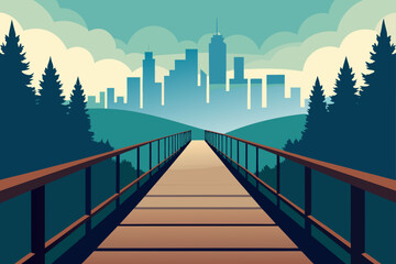 Wooden bridge leading to a city skyline through a forest