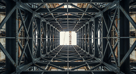 Looking up through the geometric metal structure of a bridge
