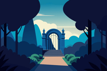 Enchanting garden gate entrance with lush greenery and soft sky