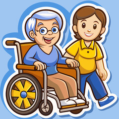 Senior man in wheelchair smiling with caregiver standing by