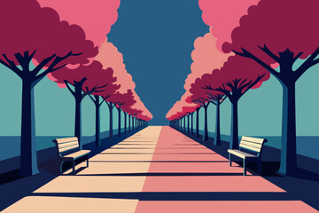 Serene park pathway lined with pink trees and benches
