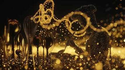 Golden Glassware Fantasy: An enchanting close-up showcases an array of sparkling gold-colored glasses, their elegant forms complemented by an ambient display of golden orbs and a graceful dancer.