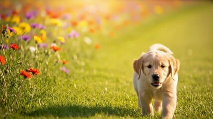 Golden Retriever Puppy Running on Green Lawn in Slow Motion - Powered by Adobe