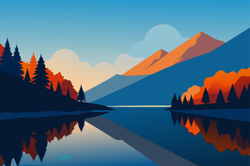 Serene mountain lake with autumn trees and reflection
