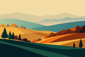 Autumn mountain landscape with rolling hills and trees