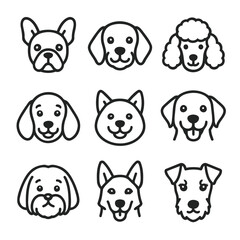 A set of dog breed head icons in a simple line art style. Vector collection of various cute puppy and canine faces for design.
