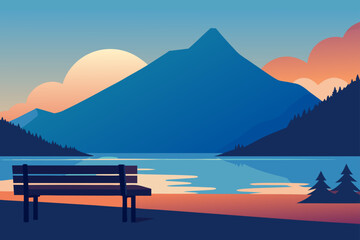 Serene mountain lake vista with a lone bench