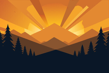 Vibrant mountain sunrise with silhouetted pine trees