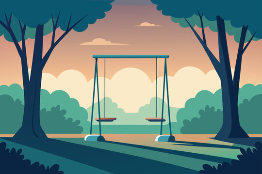Serene park scene with empty swings and rolling hills