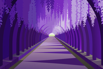 Naklejka premium Enchanting purple wisteria tunnel leading to bright light