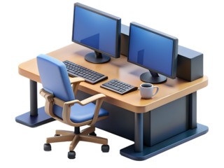 Modern dual monitor computer workstation with chair and coffee cup isolated on transparent background