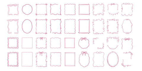 vector set of pink coquette hand drawn frames with bows, curls and scalloped borders on white background, whimsical outline elements for cards and notes, concept of girly stationery, cute branding