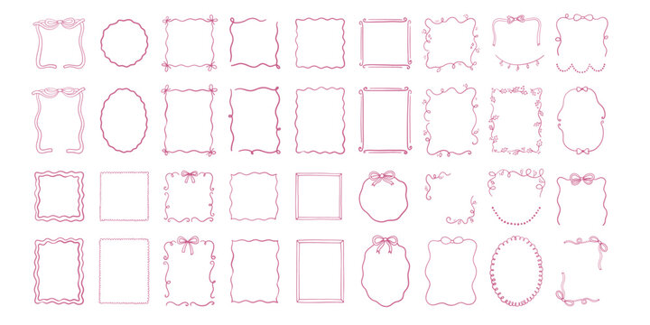 vector set of pink coquette hand drawn frames with bows, curls and scalloped borders on white background, whimsical outline elements for cards and notes, concept of girly stationery, cute branding
