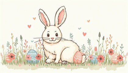 Obraz premium Cute Easter Bunny in a Floral Meadow with Painted Eggs