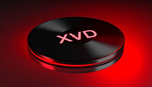 Sleek black digital disc labeled &ldquo;XVD&rdquo; resting on a glass surface, illuminated by soft red ambient light and sharp reflections around the edge 