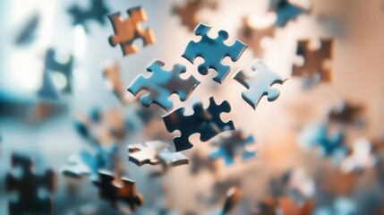 puzzle pieces falling apart, symbolizing a fragmented mind on blurred background