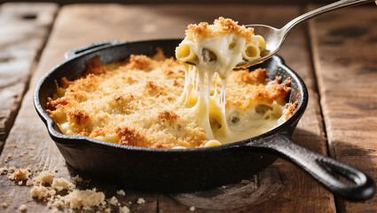  A hot cast iron skillet filled with creamy baked mac and cheese, golden breadcrumb crust on top, bubbling edges, cheese stretch between spoon and skillet, warm lighting, rustic table