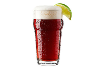 Refreshing pint of red ale beer with foamy head and lime slice Isolated on transparent background