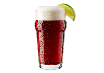 Refreshing pint of red ale beer with foamy head and lime slice Isolated on transparent background