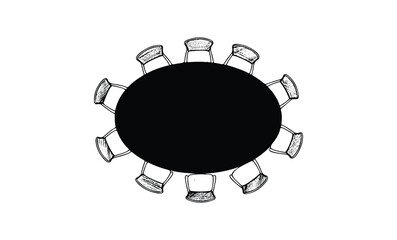 Fototapeta premium Black oval table with ten chairs in artistic sketch design. Vector retro hand drawn illustration