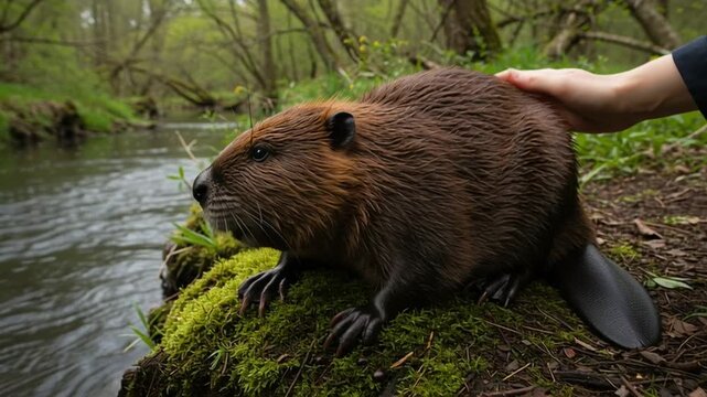 A human hand gently pets a furry beaver sitting by a flowing stream in a lush forest.