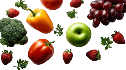 Vibrant array of fresh fruits and vegetables, showcasing nature's bounty, ideal for healthy lifestyle promotions on transparent background