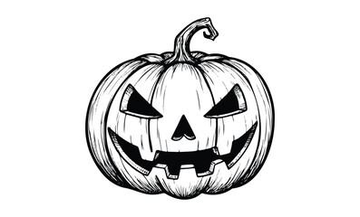 Black and white scary halloween pumpkin drawing with jack-o'-lantern face. Vector retro hand drawn illustration