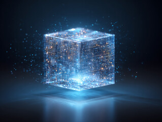 Glowing 3D transparent data cube with blue points and light rays on dark background, symbolizing AI and data flow.