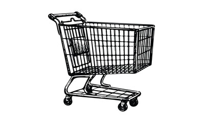 Black and white sketch of an empty shopping cart. Vector retro hand drawn illustration