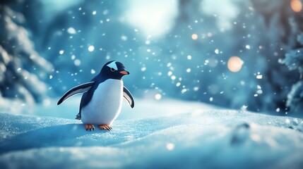 Fototapeta premium Frozen background highlights penguin in perfect winter pose high resolution picture