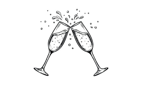 Sketch of two champagne glasses clinking with splashing bubbles. Vector retro hand drawn illustration