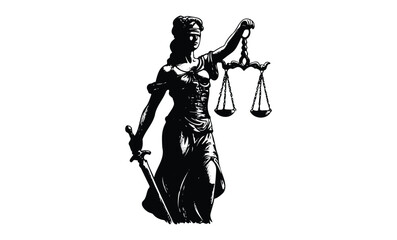 Lady justice silhouette holding scales and sword. Vector retro hand drawn illustration