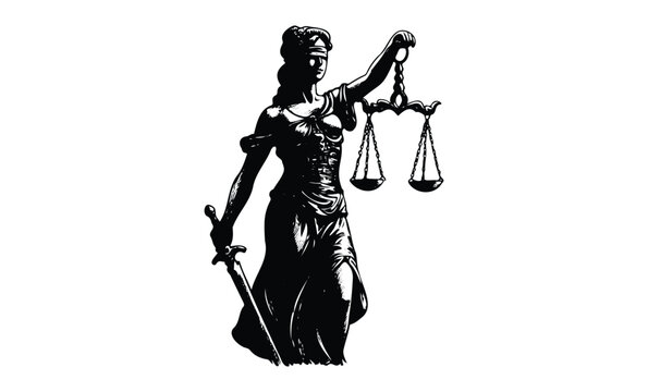 Lady justice silhouette holding scales and sword. Vector retro hand drawn illustration