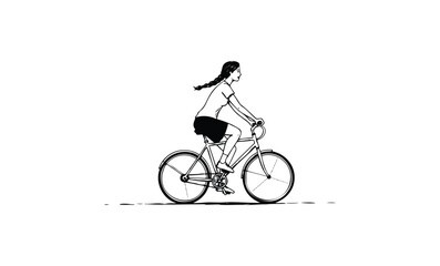 Fototapeta premium Young female riding bicycle sketch black and white minimalist art. Vector retro hand drawn illustration