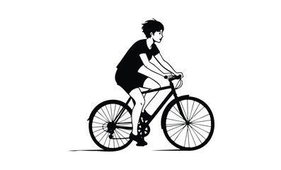 Obraz premium Silhouette of young caucasian male riding a bicycle outdoors. Vector retro hand drawn illustration