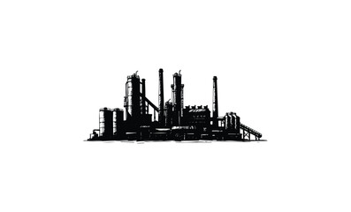 Industrial factory silhouette with smokestacks and tanks. Vector retro hand drawn illustration