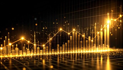 Golden Financial Chart With Grid And Fluctuating Data On Black Background
