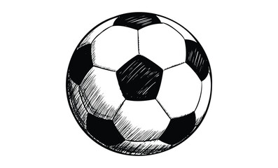 Intricate hand-drawn soccer ball sketch in black and white design. Vector retro hand drawn illustration