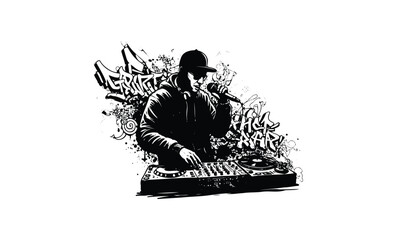 Male dj performing with turntables and microphone in urban graffiti art style. Vector retro hand drawn illustration