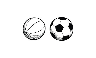 Black and white sketch of basketball and soccer ball. Vector retro hand drawn illustration