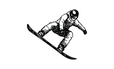 Monochrome illustration of snowboarder in action: winter sports enthusiast jumping on snowboard. Vector retro hand drawn illustration