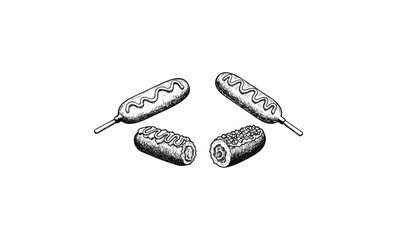 Black and white sketch of corn dogs with toppings. Vector retro hand drawn illustration