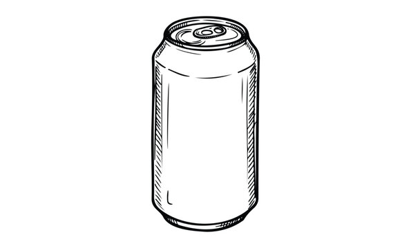 Black and white sketch of a tall beverage can with detailed line art. Vector retro hand drawn illustration