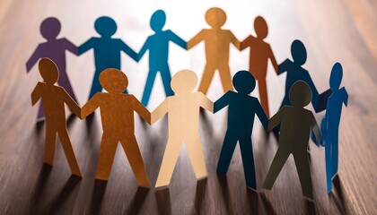 Diverse paper chain of people figures on wood