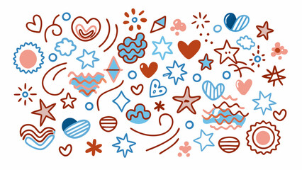 Hand-drawn whimsical pattern; blue, red, and peach hearts, stars, and abstract shapes; playful, joyful mood; seamless repeat design.